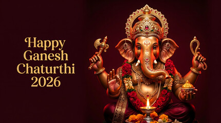 Fototapeta premium Copper toned Ganesha idol with red flower garland and diya on dark maroon background
