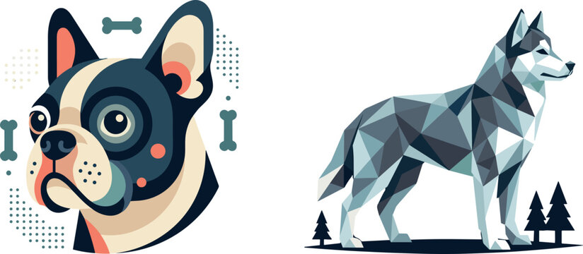 Geometric low poly husky standing full body and cute french bulldog head vector illustration set isolated on white