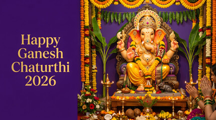 Fototapeta premium Ganesha idol with marigold garland and banana tree decorated for festive puja ceremony