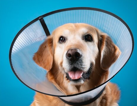 golden retriever dog with a cone collar after a trip to the vete