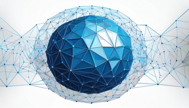 blue low poly sphere composed of geometric triangular facets and plexus mesh isolated on white background