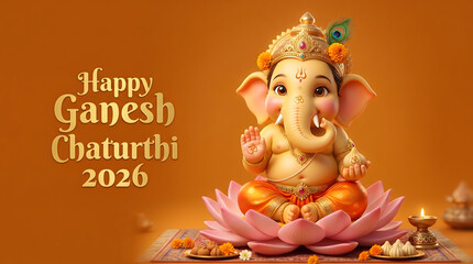 Naklejka premium Cute 3d Ganesha seated on pink lotus with peacock feather crown and diya on orange background