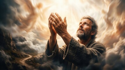 Man reaching hands toward glowing sky during Ascension Day. Christian spiritual scene depicting faith, prayer and divine light. Religious celebration of Jesus assumption into heaven.