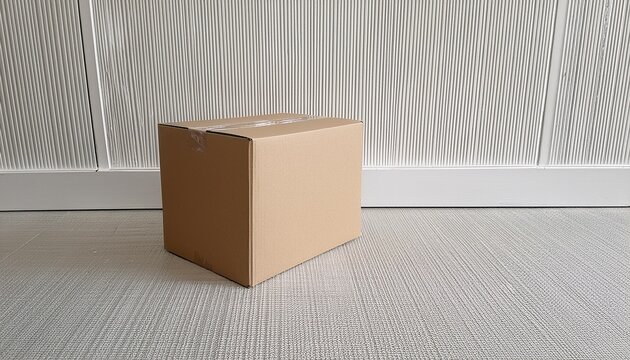 a single sealed cardboard box sits on a light gray floor against a white wall and vertical paneling ready for transport or storage