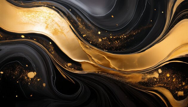 dynamic dark ink swirls infused with shimmering gold glitter create an elegant and luxurious abstract background perfect for sophisticated designs