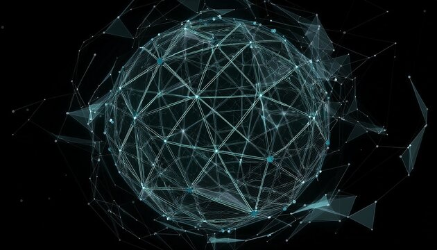 abstract plexus sphere network made of connected dots lines and transparent triangular mesh on a black background