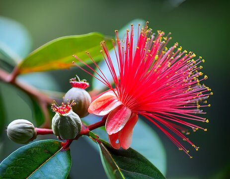 feijoa tree flower acca sellowiana pineapple guava guavasteen branch with flowers leaf on feijoa tree close up red exotic fruit flower in tropical orchard feijoa tree leaf on garden background