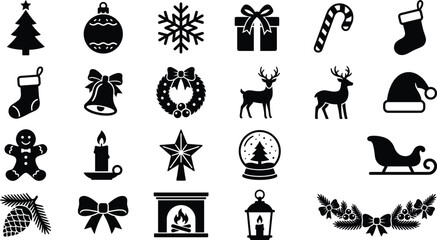 Christmas holiday celebration solid glyph icon set featuring seasonal winter decorations gifts reindeer santa elements and festive ornaments vector illustration. © Sagor