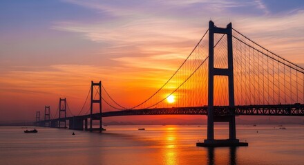 Obraz premium Majestic Suspension Bridge at Sunset Over Calm Water.