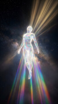 Luminous Ethereal Divine Light Being Standing in Cosmic Space with God Rays and Energy Particles Spiritual Ascension