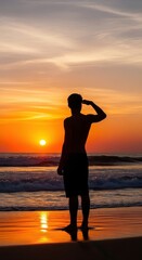 Fototapeta premium Man silhouetted against a vibrant sunset on a tropical beach.