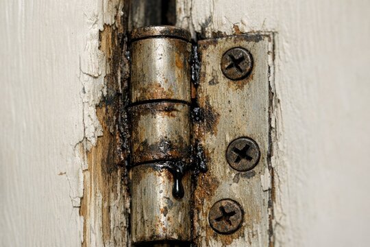 Close-up of a rusty door hinge