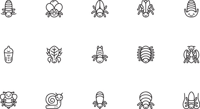 Crawling insects, bugs, and pest control outline vector icon set