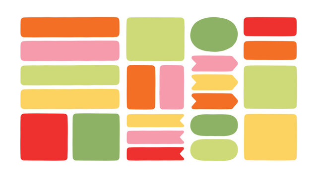 Assorted colorful rounded rectangles squares circles and banners on white background