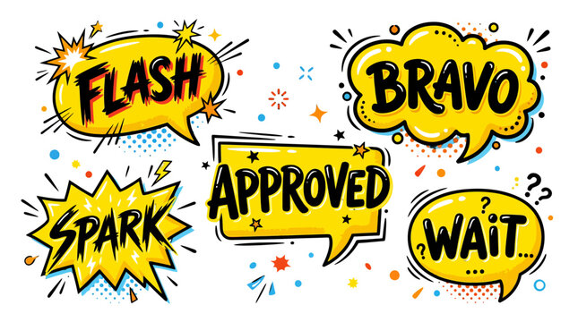 Yellow comic bubbles featuring approval and action words