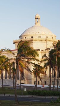 Capitol of Puerto Rico building in San Juan. Landmark in Puerto Rico. Includes House of Representatives and Senate. Building is also tourist attraction destination near old San Juan. Vertical video.