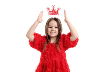 Cute little girl with crown above her head dreaming to be queen. White background