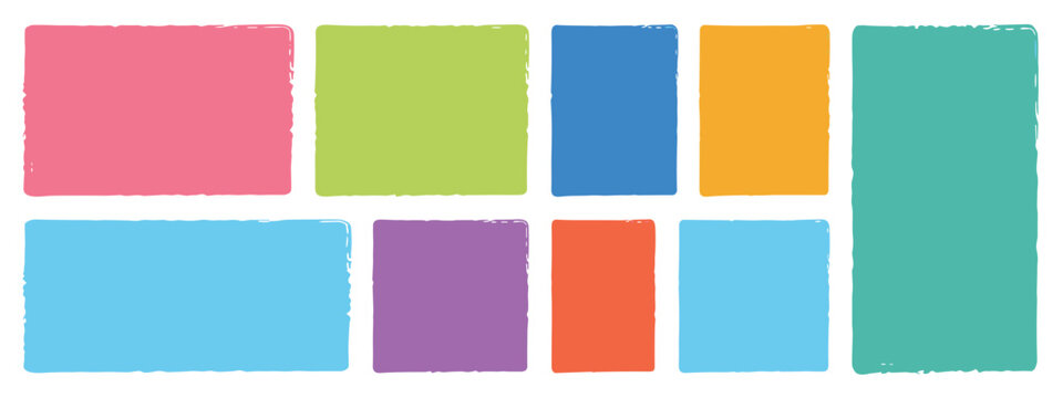 Collection of eight colorful rounded rectangles with textured edges on white background