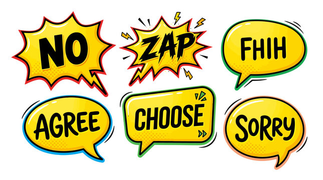 Yellow and green comic bubbles with text variety.