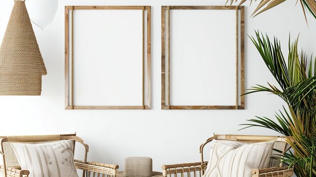 Bright Minimalist Living Room Scene Featuring Two Empty Wooden Picture Frames and Green Plant Accent