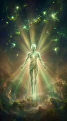 Fototapeta premium Luminous Ethereal Divine Light Being Standing in Cosmic Space with God Rays and Energy Particles Spiritual Ascension