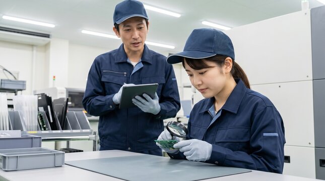 製造業の工場でルーペを使い電子部品の目視検査を行う日本人女性作業員とタブレットでOJT指導する男性