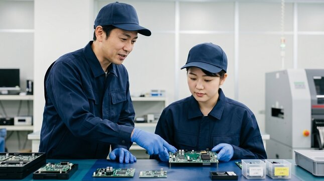 工場で電子部品の実装状態を指差し確認しOJT研修を行う日本人男女の製造技術者
