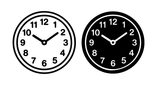 Clock Icons, Time Symbols, Round Analog Watch Faces, Black and White Vector Graphics