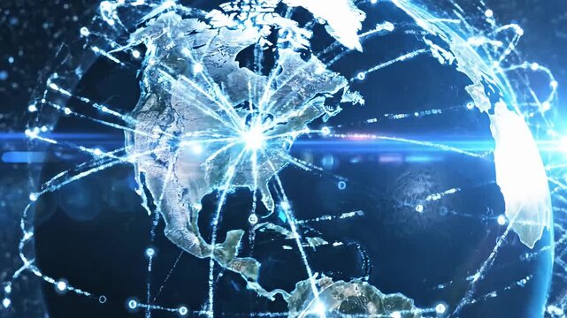 Digital earth globe with glowing global network connections.