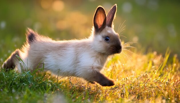 little siamese rabbit running on the field in summer