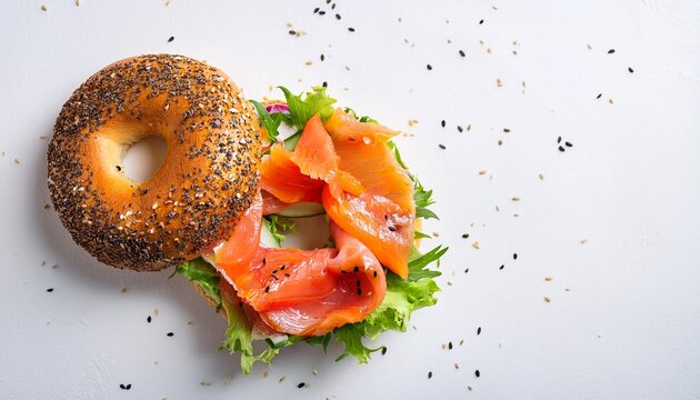 lox bagel a sandwich with smoked salmon and fresh vegetables on a white background overhead flat lay shot with sesame seeds