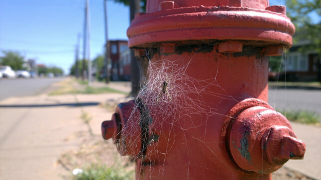 Spider Webs Spun Around Fire Hydrant in Daylight Urban Scene