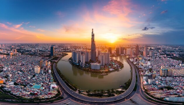 aerial drone photo skyline of saigon ho chi minh city at sunrise vietnam