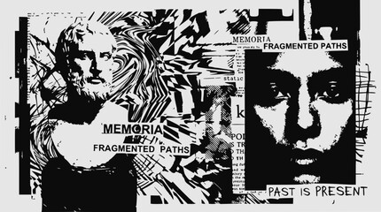 Fototapeta premium Abstract Collage: Ancient Bust, Distorted Face, Glitch Art, Fragmented Memories