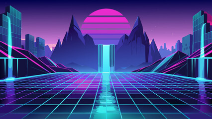 Synthwave retro style landscape with digital grid and glowing purple neon mountains synthwave retrowave landscape mountains waterfall cyberpunk vaporwave futuristic abstract background © icon sos