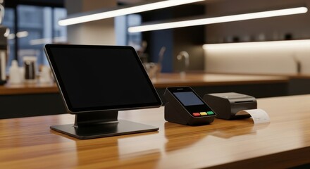 Naklejka premium Modern Point of Sale System on a Wooden Countertop.