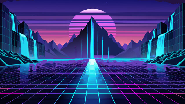 Futuristic retro neon mountain landscape with digital perspective grid and waterfalls futuristic landscape mountains waterfall synthwave retrowave cyberpunk vaporwave abstract background