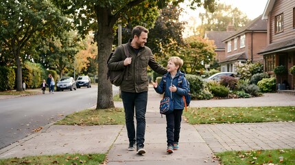 Fototapeta premium Father and son walking on sidewalk in suburban neighborhood during autumn with colorful trees and houses