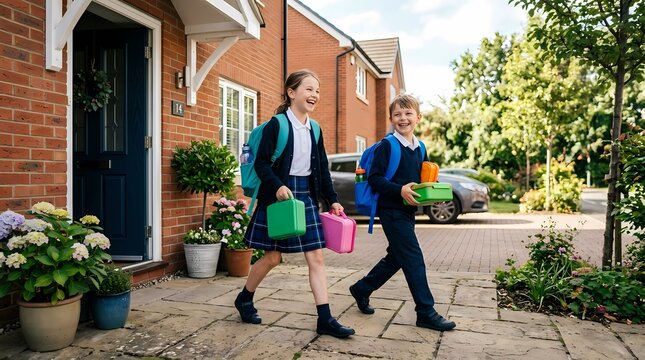 Happy siblings in school uniforms with backpacks and lunchboxes walking out of their house for school