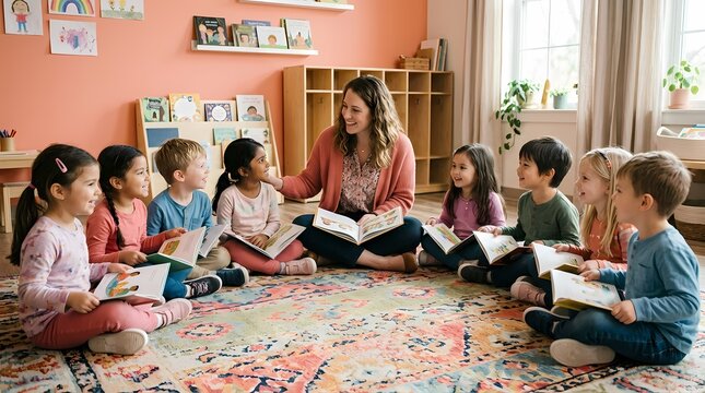 Teacher reads a book to diverse group of young children sitting on a colorful rug in a classroom