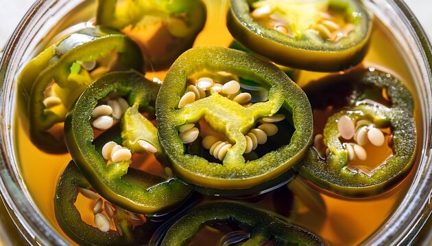 close up of jar filled with pickled jalapeno slices in brine preserved green chili texture with seeds and liquid