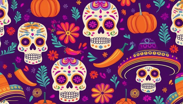 seamless pattern dedicaed to mexican day of the dead with sculls flowers peppers and bones on purple background