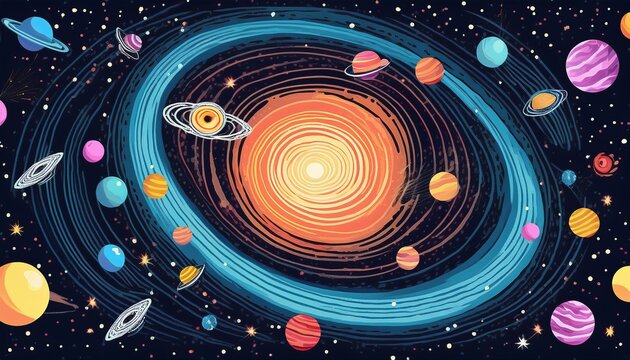 seamless pattern with galaxy black hole solar system in flat style universe outer space print on theme of astronomy cosmos
