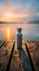 Fototapeta premium Stainless steel water bottle with handle sitting on wooden dock at sunrise over misty lake, ideal for outdoor recreation and lifestyle marketing.