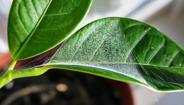 close up delicate spider mite webbing is shown draped over edges of a green leaf fine silky texture of web which acts as protective shield for parasites as they spread throughout the houseplant