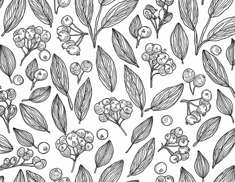 seamless pattern of small outline berries singly rowan berries viburnum blueberry lingonberry cranberry botanical texture isolated on white hand drawn in doodle style