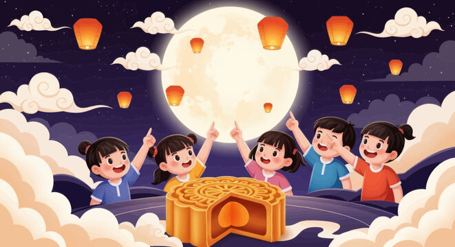 Children celebrating midautumn festival with mooncake and lanterns