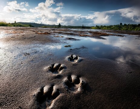 wolf tracks on the wet ground