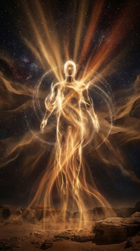 Luminous Ethereal Divine Light Being Standing in Cosmic Space with God Rays and Energy Particles Spiritual Ascension