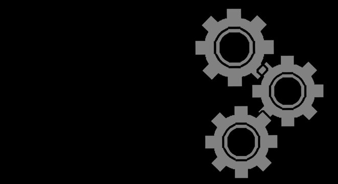 Three interlocking grey gear wheels on black background